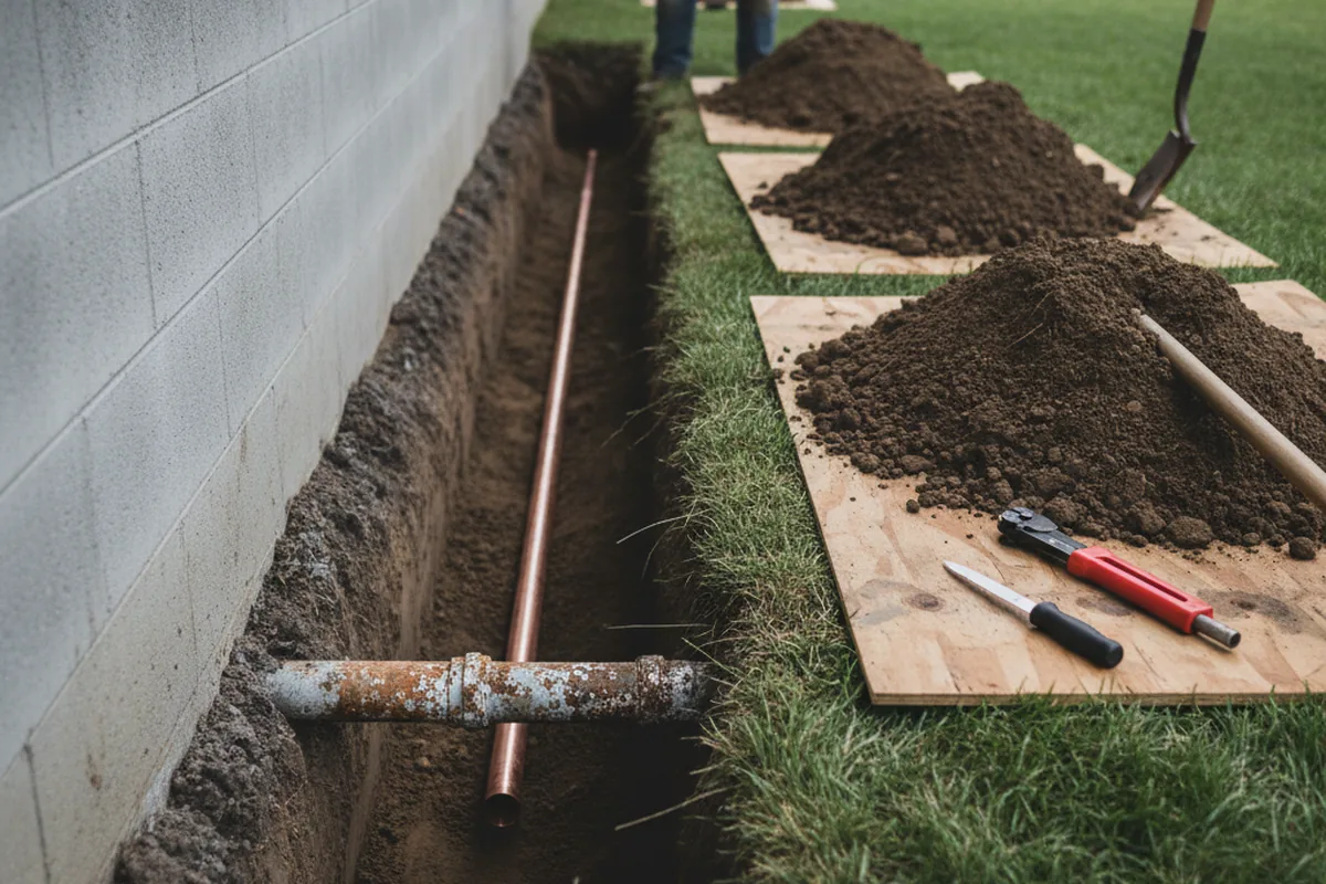 Excavated water line trench during Sewer Line Repair in Oconee